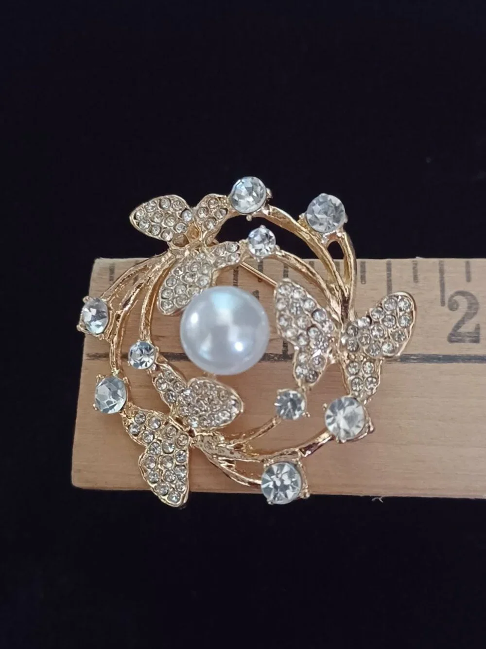 Clear Crystal Butterfly & Pearl Brooch